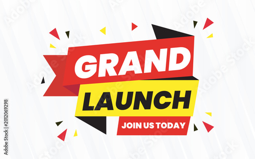 Grand Launch Join Us Today Promotional Banner with Bold Red, Yellow and Black Geometric Design