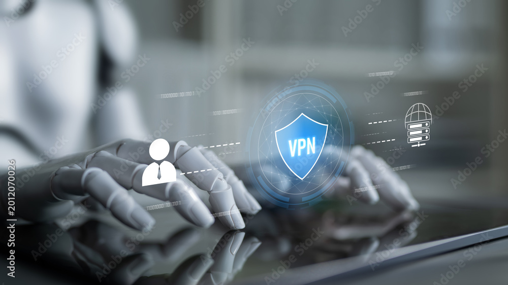 Fototapeta premium AI improves VPN by monitoring traffic, detecting risks, encrypting sessions, and optimizing routing to ensure private, secure, and efficient network access. Latch