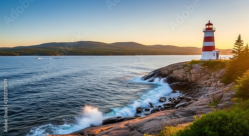 Striped Coastal Lighthouse Standing on Rocky Shore at Sunset