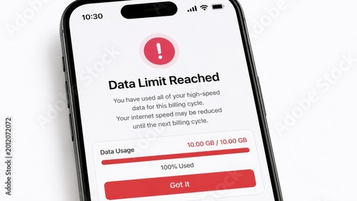 Smartphone screen displaying a data limit reached notification. Warning message about exceeding mobile internet usage. Monthly plan alert for service provider and connectivity management concept