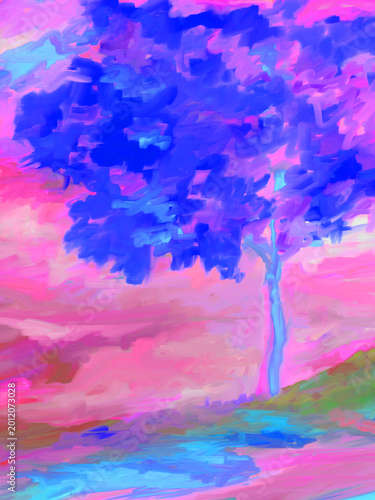 Abstract Impressionistic Whimsical Vibrantly Colorful flowering Tree on a Hill or Rocky Ledge at Sunset or Sunrise-Digital Painting, art, illustration, artwork in Blue, Pink, & Violet w/Texture