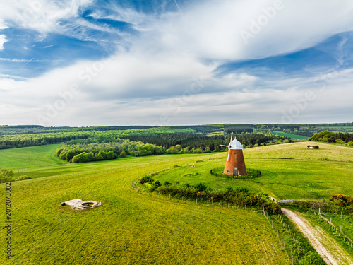 Fields and Farms over Halnaker Hill and the Windmill Trail from a drone, Boxgrove Village, West Sussex, England