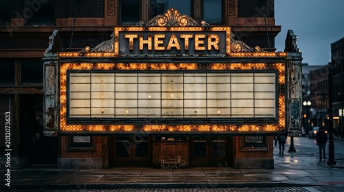 Theater marquee sign with bright glowing yellow lights illuminating an empty vintage blank billboard display board attached to an old historic building facade on a quiet city street during the evening