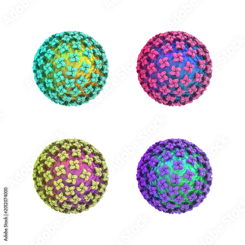 Set four of Hantavirus particles in different colors.