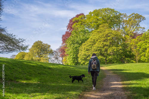Φωτογραφία Woman walks dog on path in green park
