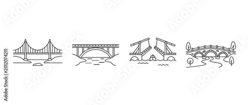 This image presents simple black lineart of different types of bridges, symbolizing connection, construction, and architectural design in a minimalist style.
