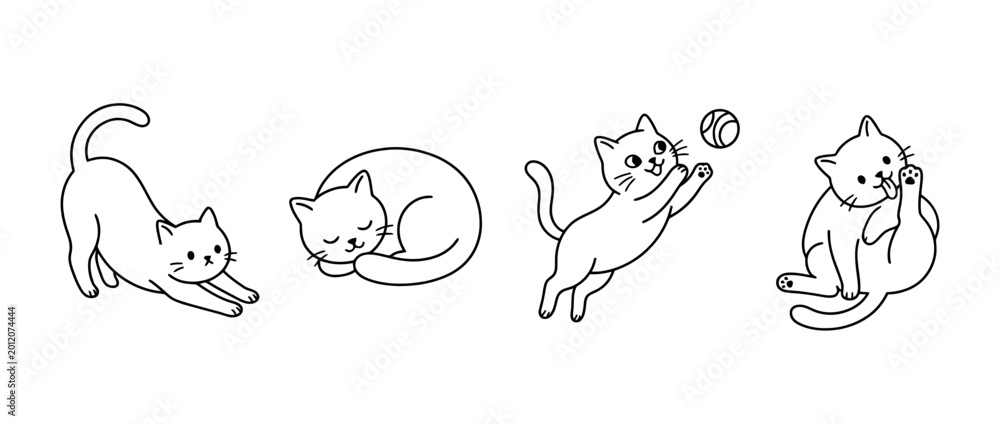 Obraz premium This image showcases playful black lineart cats in various poses such as stretching, sleeping, and playing, highlighting their charm and whimsical nature.