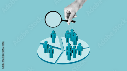 Market segmentation and audience analysis concept, magnifying glass selecting target group from pie chart, customer segmentation, marketing strategy, data analysis and business targeting