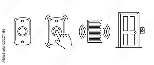 A sequence of simple lineart illustrations showing the process of a doorbell being pressed, emphasizing interaction and functionality in a captivating design.