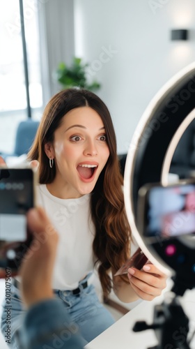 Excited woman selling product live on social media with ring light and phone