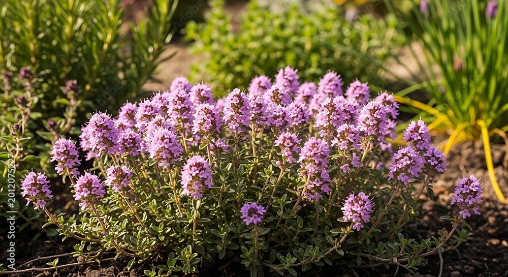 Obraz premium Vibrant Purple Thyme Flowers Blooming in Sunny Garden Bed
