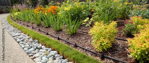Water-wise garden design featuring drip irrigation and decorative river stones