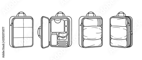 This image features simple black lineart of suitcases in various states, depicting closed, open, and organized compartments for travel essentials.