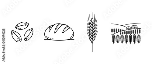 A collection of simple black lineart images depicting grains, bread, and wheat showcasing the journey of grain from field to loaf, exemplifying food creation.