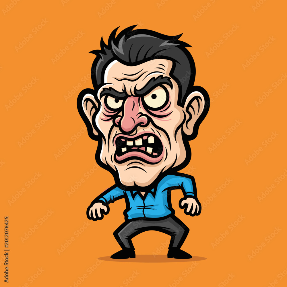 Fototapeta premium Angry cartoon character screams with wild eyes and bared teeth. His fists clenched, stance shows intense rage. Orange background highlights exaggerated facial expression. Ideal for comic, game