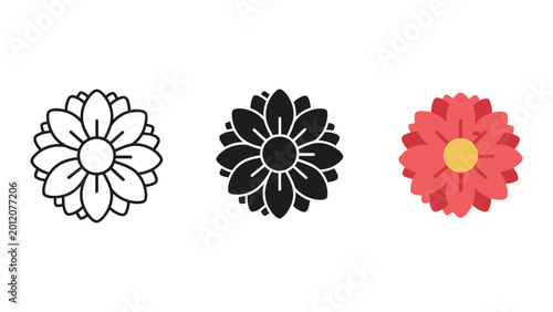 three stylized flowers flat design vector illustration
