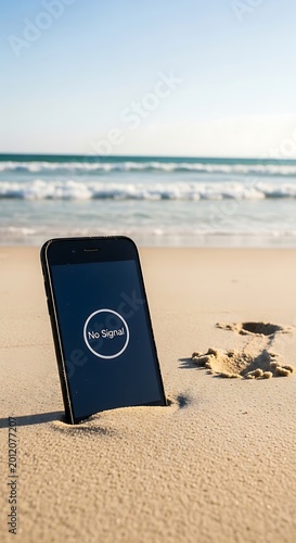 Black Smartphone Showing No Signal Standing on Sandy Beach by Ocean Waves