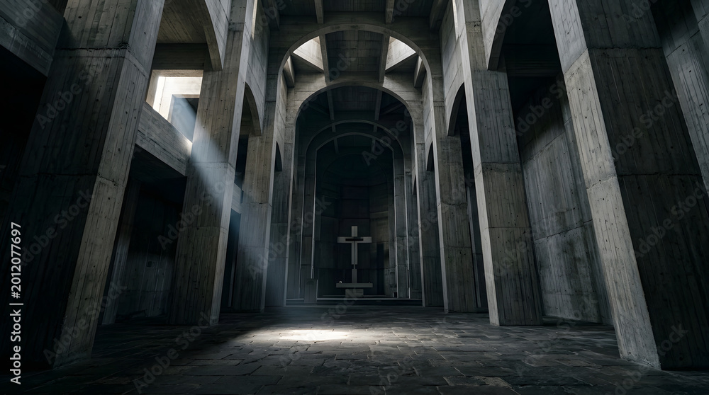 Naklejka premium Concrete church interior with cross and dramatic light beam shining through arches