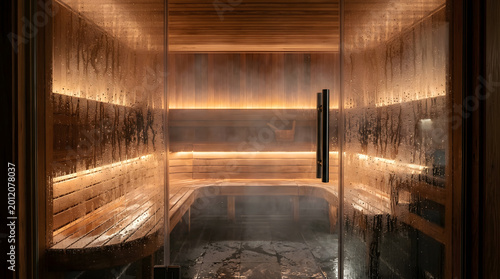 Interior view of a steamy wooden sauna with warm ambient lighting and glass door entrance