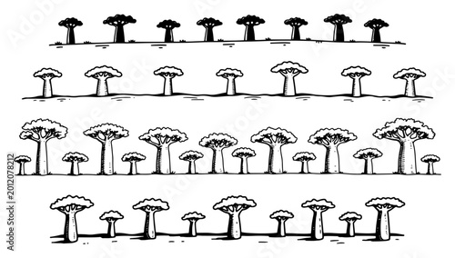 Slika na platnu Baobab trees collection for african savanna landscape in hand drawn style