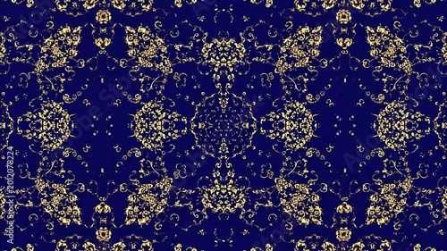 Intricate gold patterns on blue background.