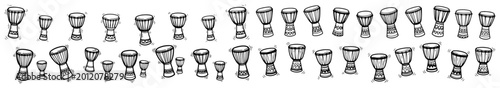African djembe drums collection in hand drawn doodle style