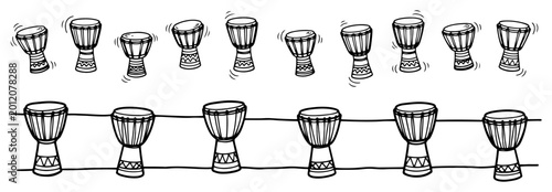 Photos Djembe drums arranged in rows for ethnic music design