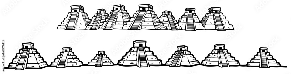 Obraz premium Ancient temple pyramids arranged in horizontal decorative lines hand drawn doodle style