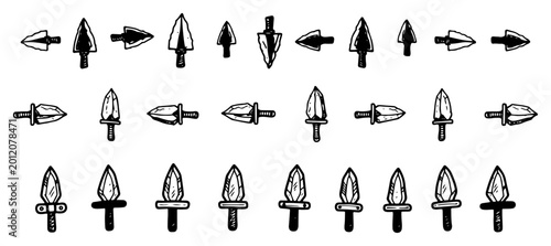 Foto Prehistoric flint arrowheads and stone daggers collection hand drawn sketch styl