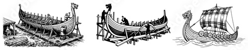 Viking longship construction and sailing scenes in vintage engraving style