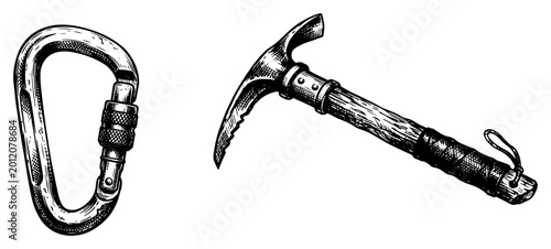 Climbing carabiner and ice axe mountaineering equipment isolated in vintage engraving style