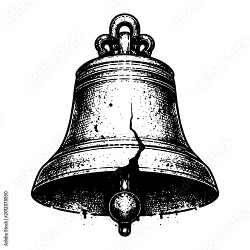 Tablou pe pânză Large cracked metal bell with ornate top part in detailed vintage engraving styl