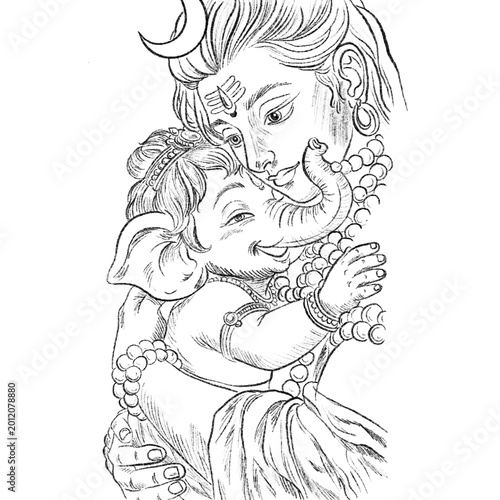 Photos Lord Shiva with baby Ganesha spiritual hand drawn illustration line art