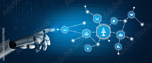 Foto A robotic hand interacts with various digital icons, symbolizing innovation and technology, showcasing modern advancements and a futuristic approach to digital interaction