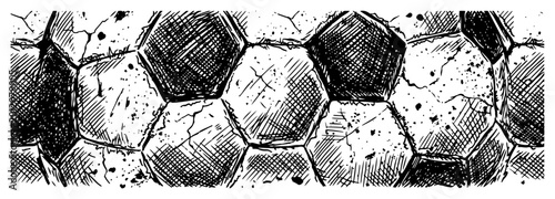 Soccer ball surface pattern showing hexagonal panels and worn textures in vintage engraving style