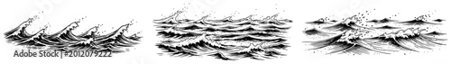 Ocean sea waves with foam and spray in vintage engraving style