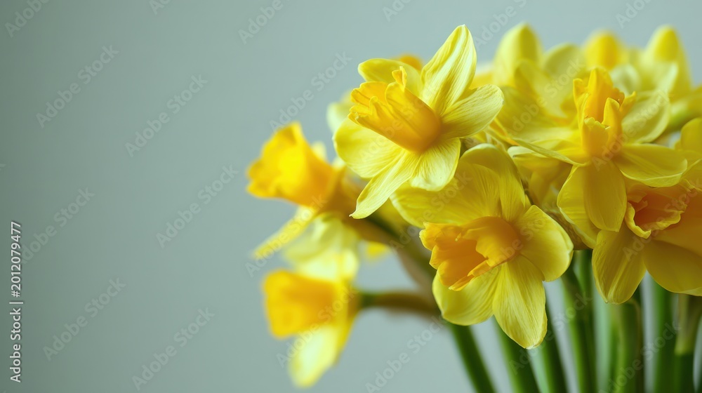 Fototapeta premium Bright and vibrant yellow daffodils blooming with soft petals against a muted green background symbolizing spring and renewal in nature