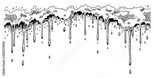 Fotografie Dripping liquid border with melting droplets and bubbles in hand drawn ink style