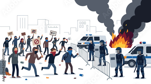 Protesters with signs and a burning car face riot police positioned behind barricades in an urban setting.