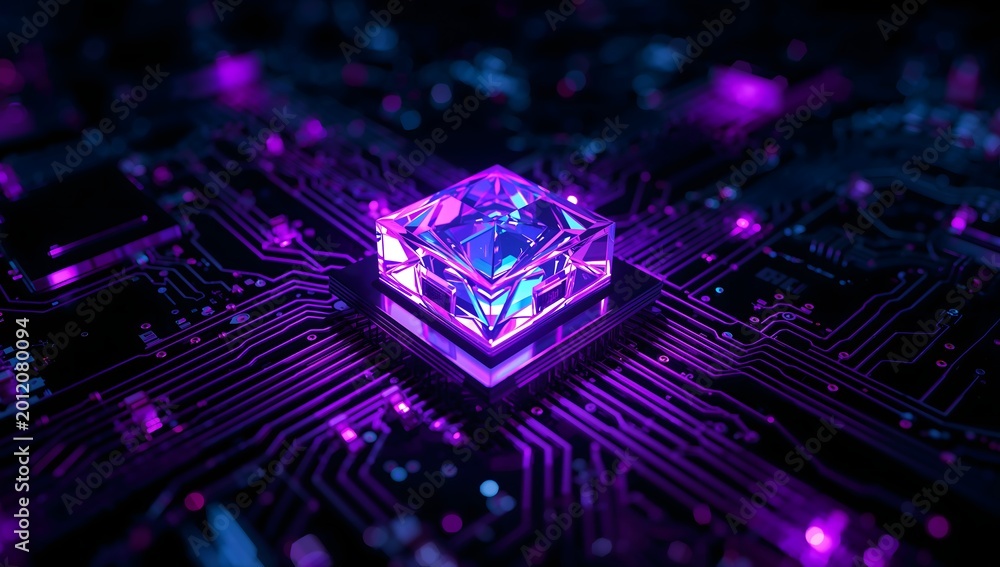 Fototapeta premium Futuristic crystal processor glowing on high tech circuit board macro
