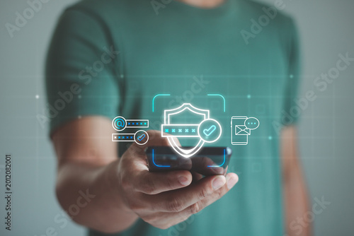 Secure mobile authentication concept. User accessing smartphone digital security verification, password protection, encrypted login, cyber defense, data privacy, online account access technology.