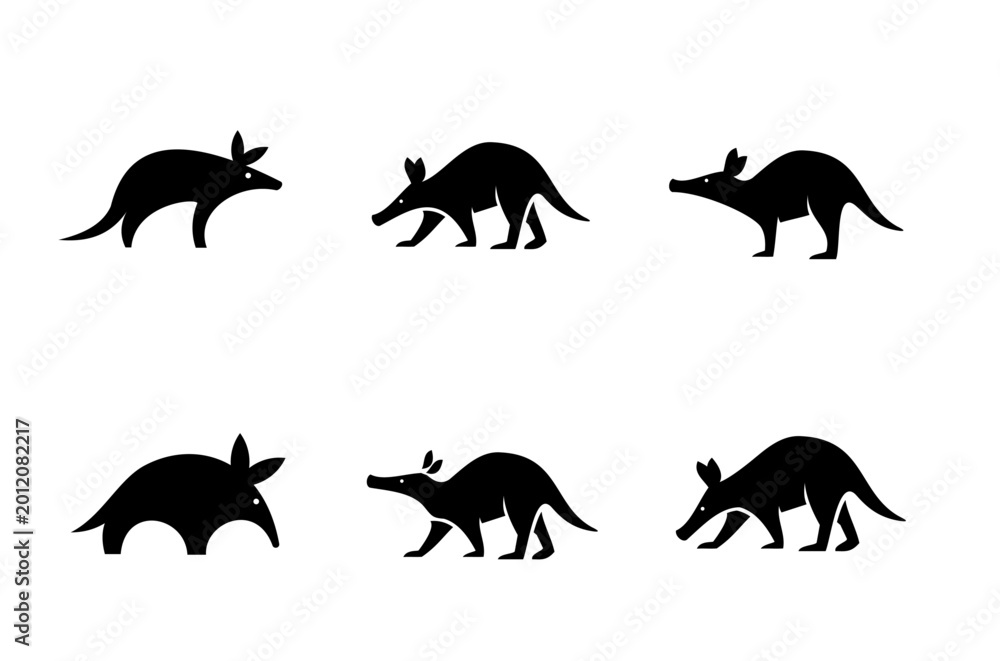 Fototapeta premium Aardvark Vector Icons Set. Collection of Various Black Minimalist Animal Silhouettes and Logos.