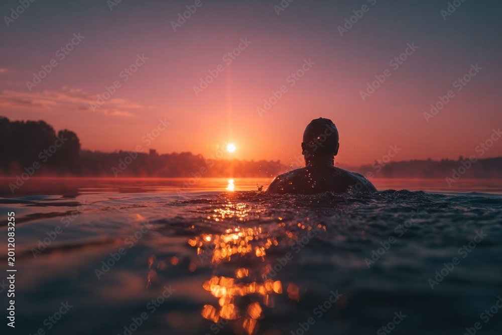 Fototapeta premium Swimmer at Sunset: Tranquil Waterscape with Golden Light