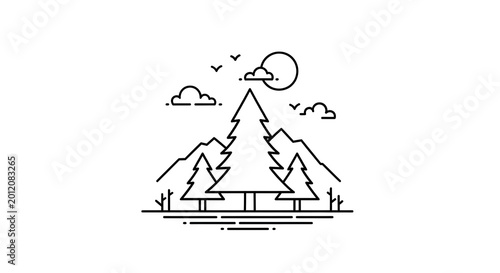 Minimalist line art vector illustration of a serene nature landscape with evergreen trees, mountains, sun, clouds, and birds.