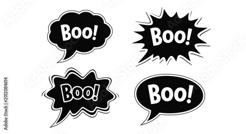 Photos Four black speech bubbles with boo text a halloween silhouette