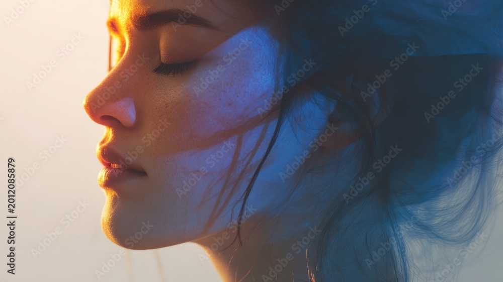 Naklejka premium Young woman with eyes closed enjoying calm moment as warm sunlight and cool shadow create serene contrast on her peaceful face and flowing hair