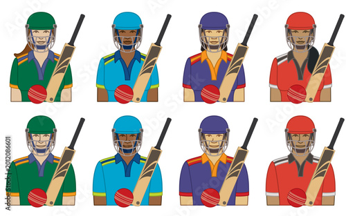 diversity, race, ethnicity of cricket batswomen and batsmen, vector icons, male and female, wearing uniform and helmet, with ball and goal post, isolated on a white background