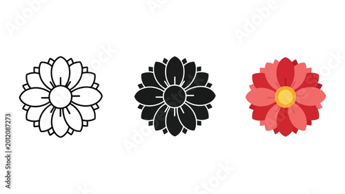 three stylized chrysanthemum flowers flat design vector illustration