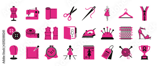 Vibrant Pink Textile Craft and Dressmaking Tool Icons Set - Creative Sewing Elements