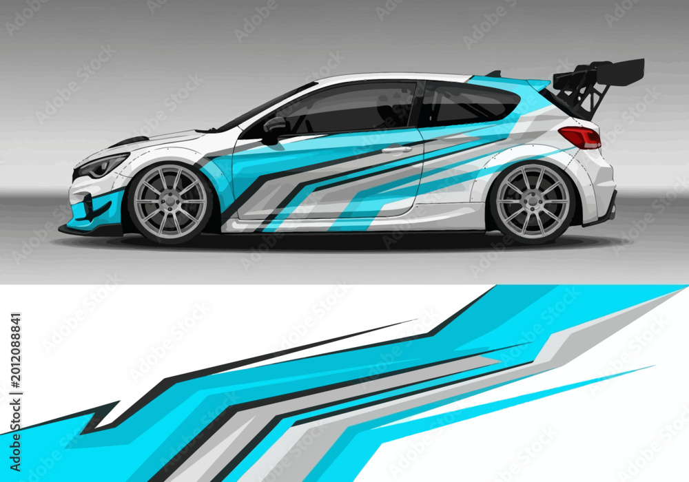 Obraz premium Modern racing car livery design with blue and grey stripes